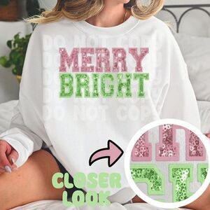 Merry Bright Faux Embroidery Faux Sequin Christmas Sweatshirt Crewneck Sweater H